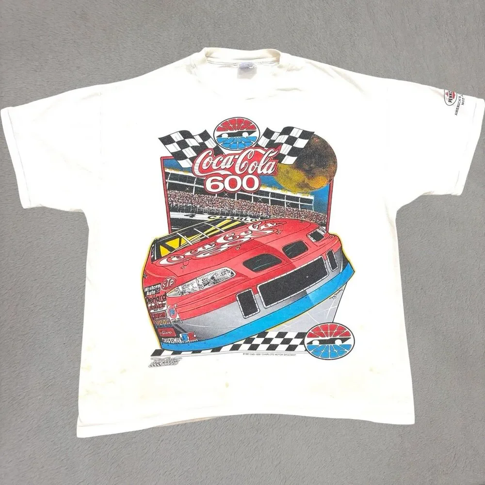 Vintage 1997 Chase Coca-Cola 600 Nascar T-Shirt Mens XL White AOP Thrashed Y2K